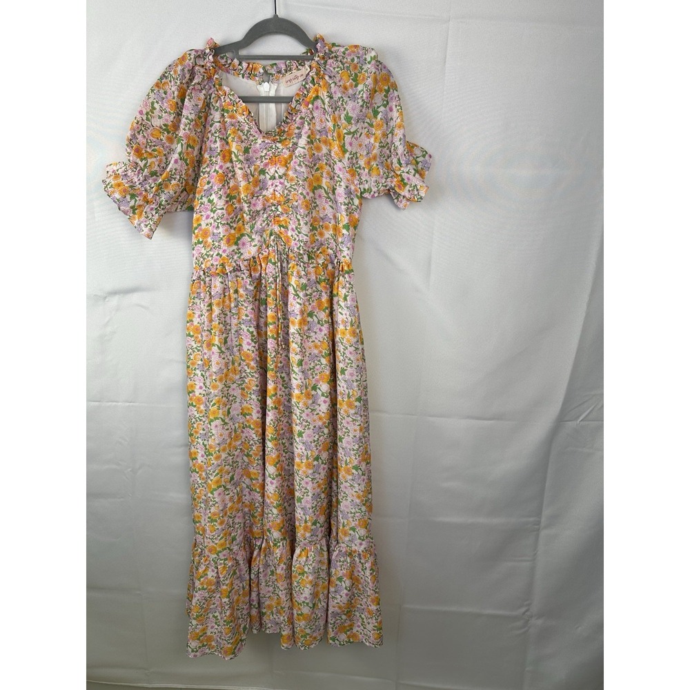 Ivy City Co Floral Midi Dress Women's Sz M Shirt Puff Shirt Sleeves Ruffle Hem
